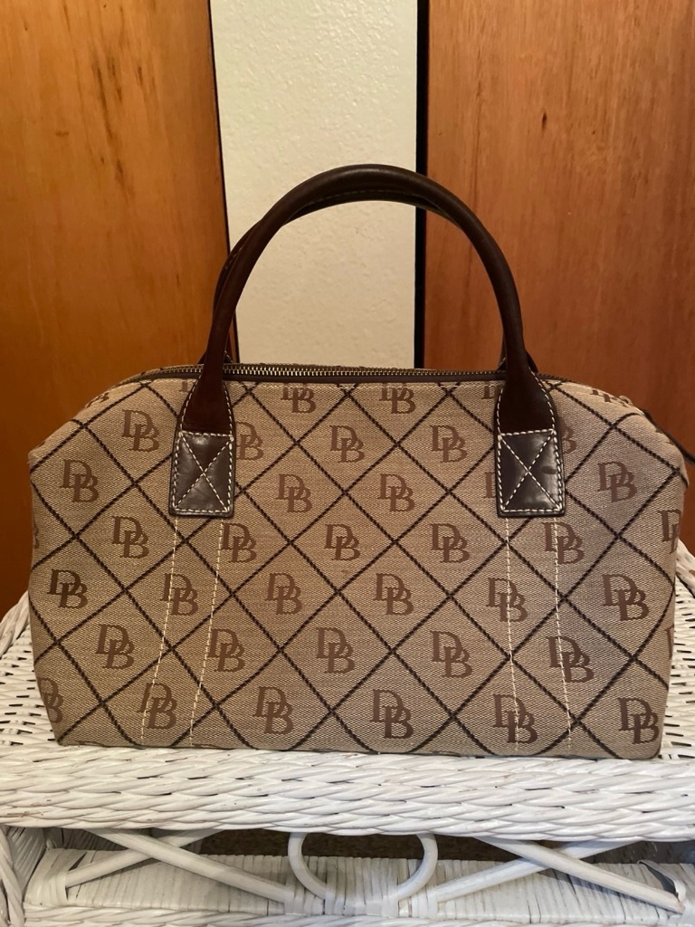 Dooney & Bourke Brown Tan Signature DB Satchel - Picture 2 of 4